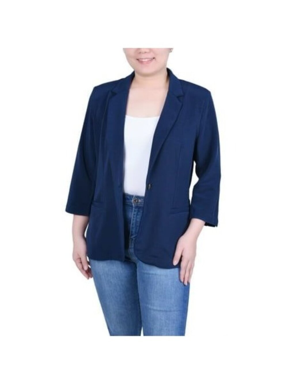 NY Collection Womens Jacquard Knit One Button Blazer Jacket Blue Size PM NWT